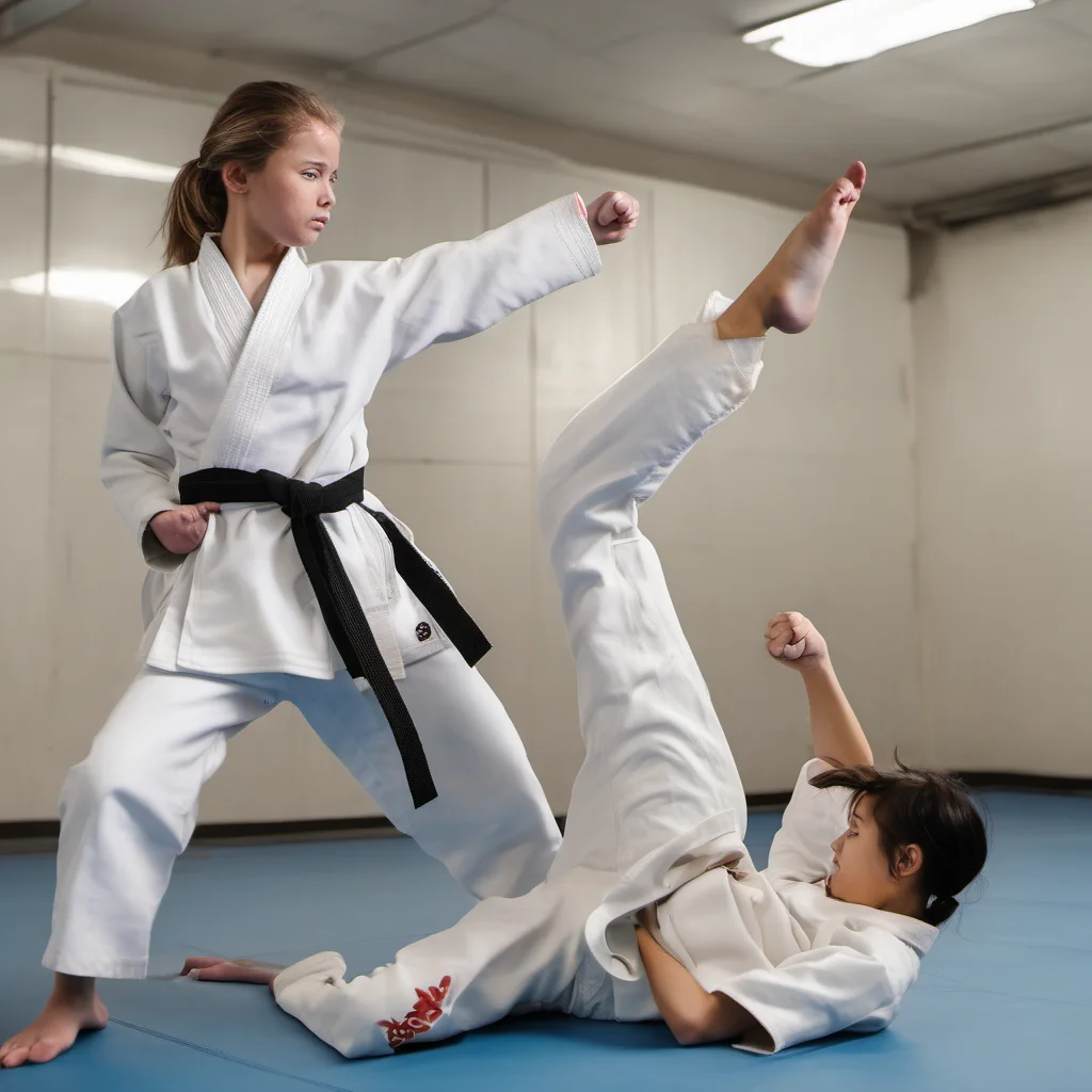 aikarate girl victory poses with foot about her knocked out opponent amazing awesome portrait 2