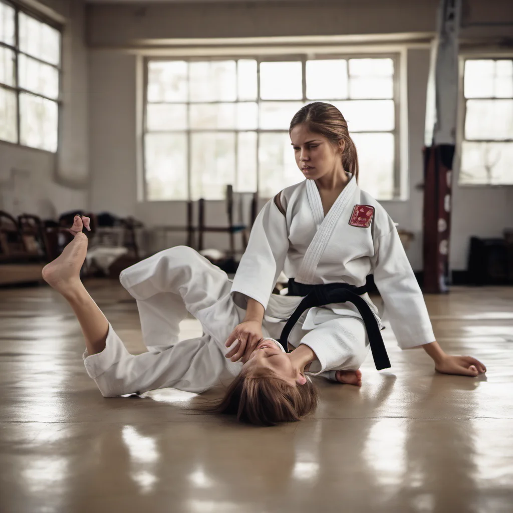 karate girl victory poses with foot about her knocked out opponent