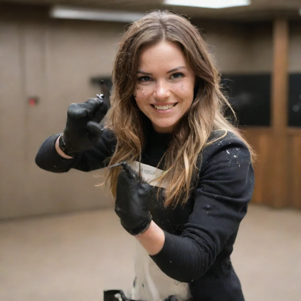 aikatherine norland smiling with black gloves and  gun shooting and splattering mayonnaise everywhere at a shooting range