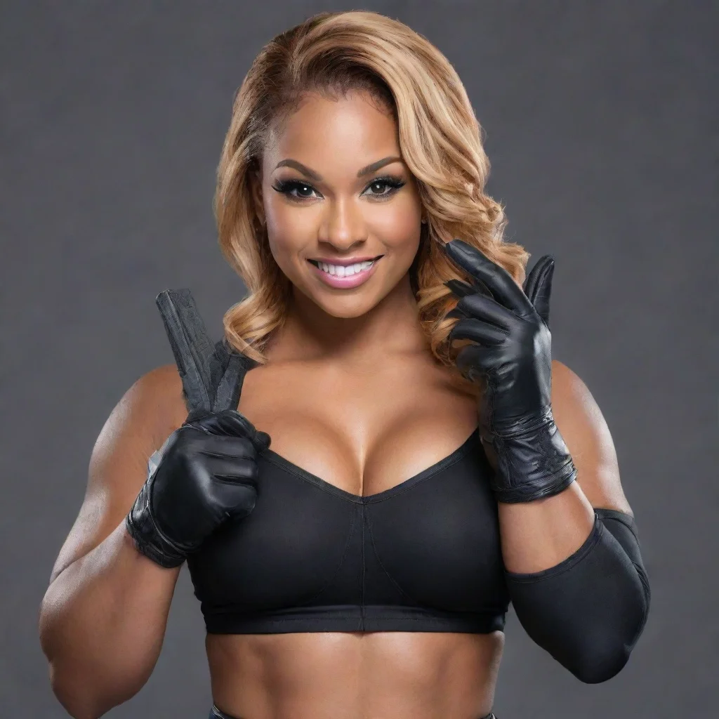 aikayla braxton from  wwe  smiling with nitrile black gloves and gun