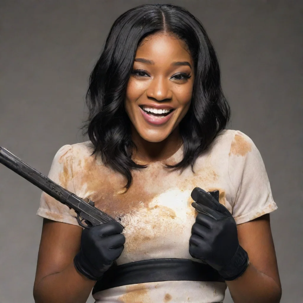 keke palmer  smiling with black gloves and gun and mayonnaise splattered everywhere