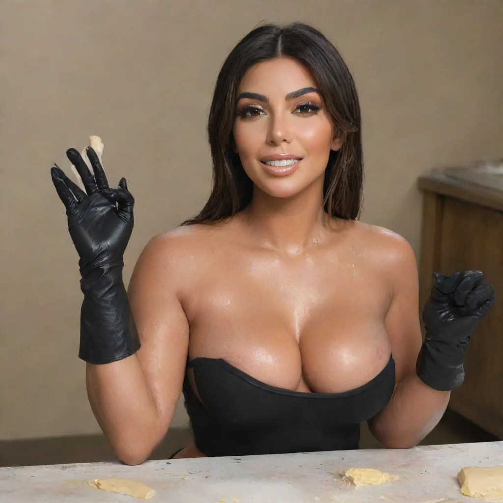 kim kardashian  smiling  with black nitrile gloves and gun  and  mayonnaise splattered everywhere