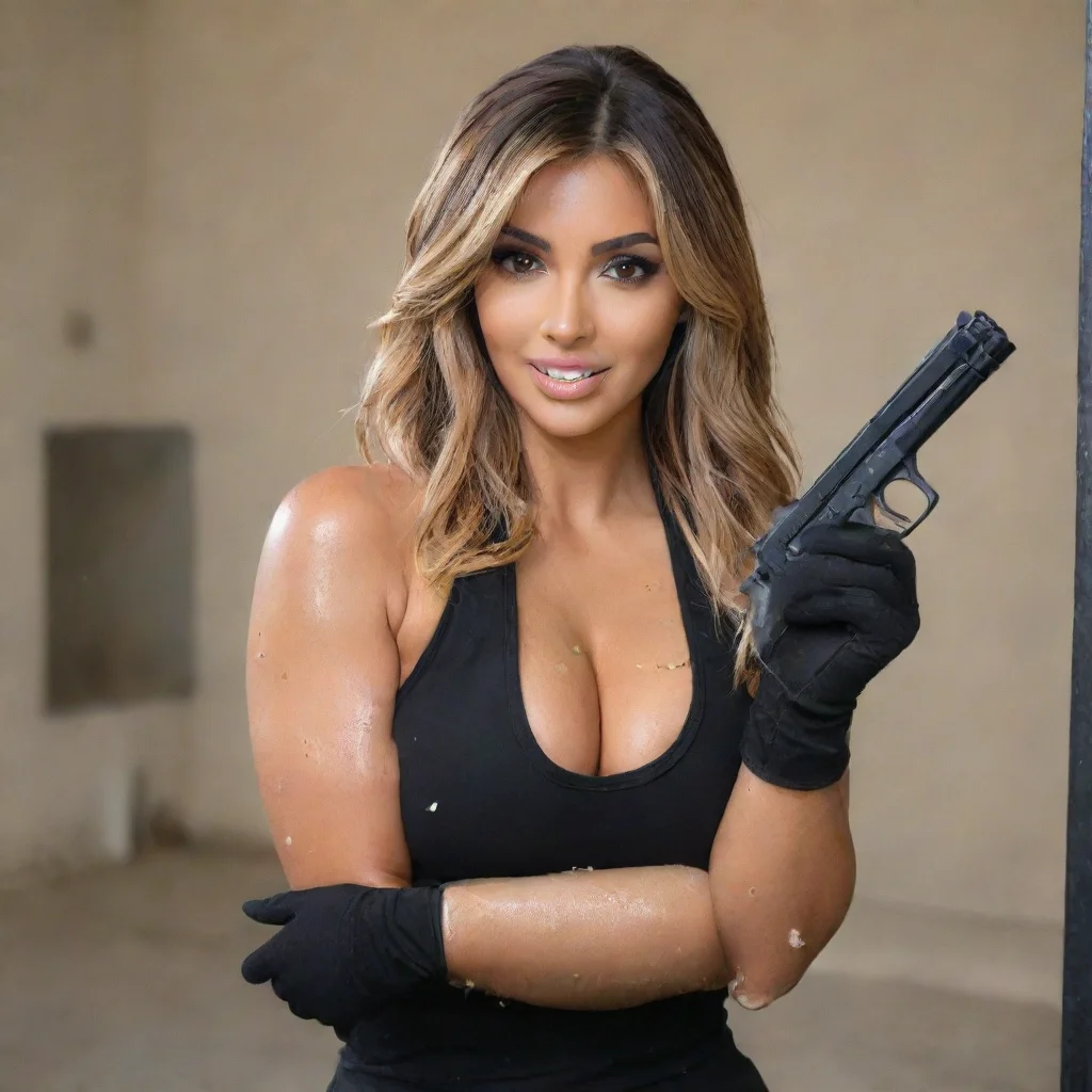 aikim kardasian smiling with black gloves and  gun shooting and splattering mayonnaise everywhere at a shooting range