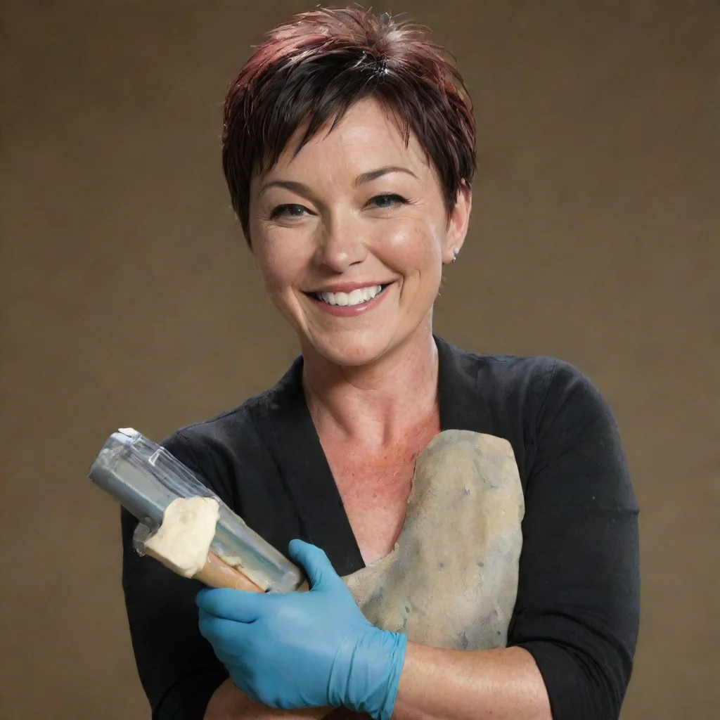 kim rhodes as carey martin smiling with nitrile gloves and gun and mayonnaise splattered everywhere