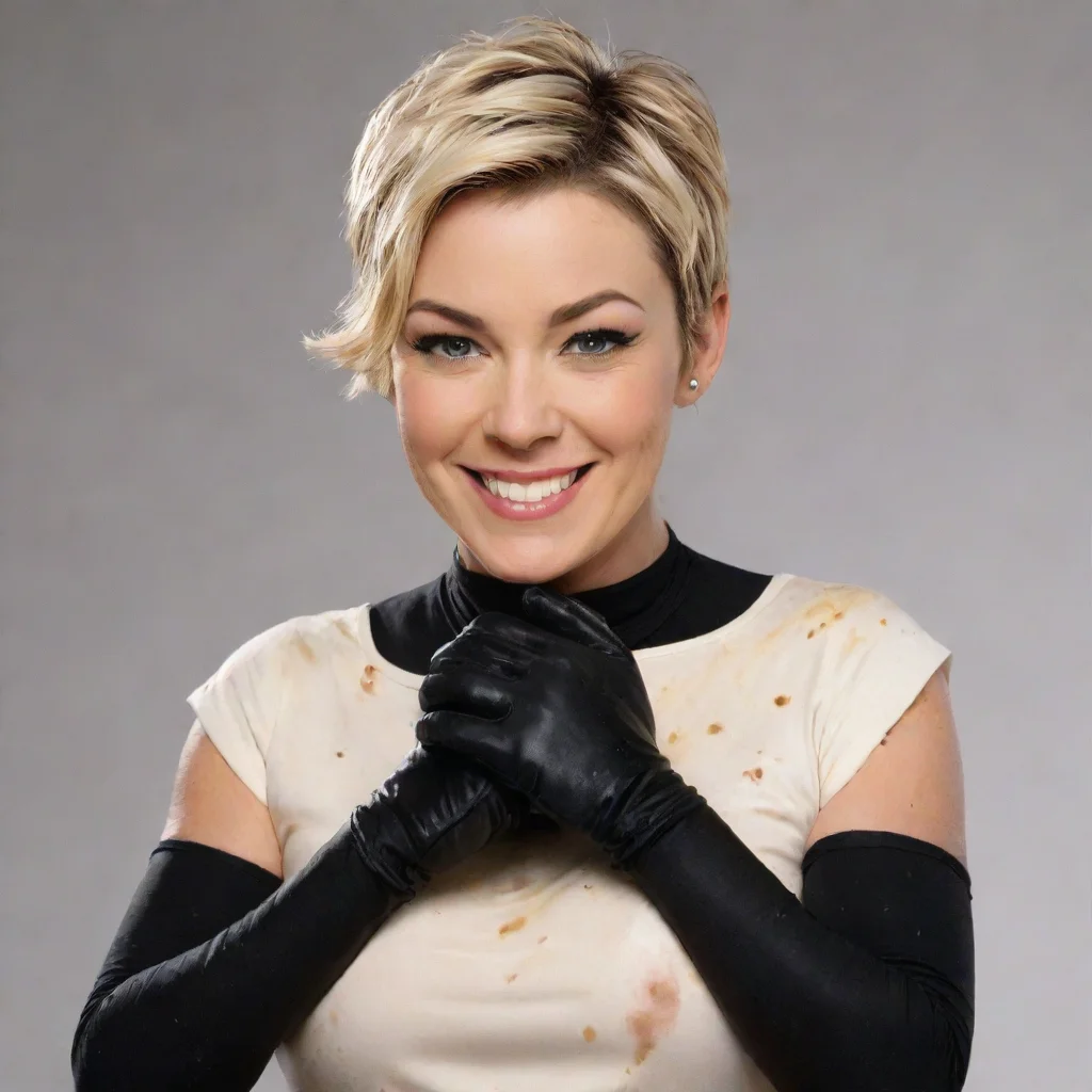 aikim rhodes blonde hair smiling with black deluxe gloves and gun and mayonnaise splattered everywhere