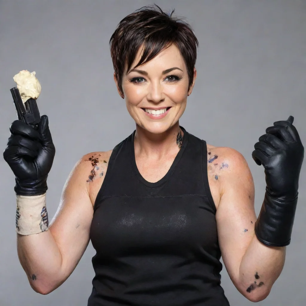 aikim rhodes smiling with black deluxe gloves and gun and mayonnaise splattered everywhere