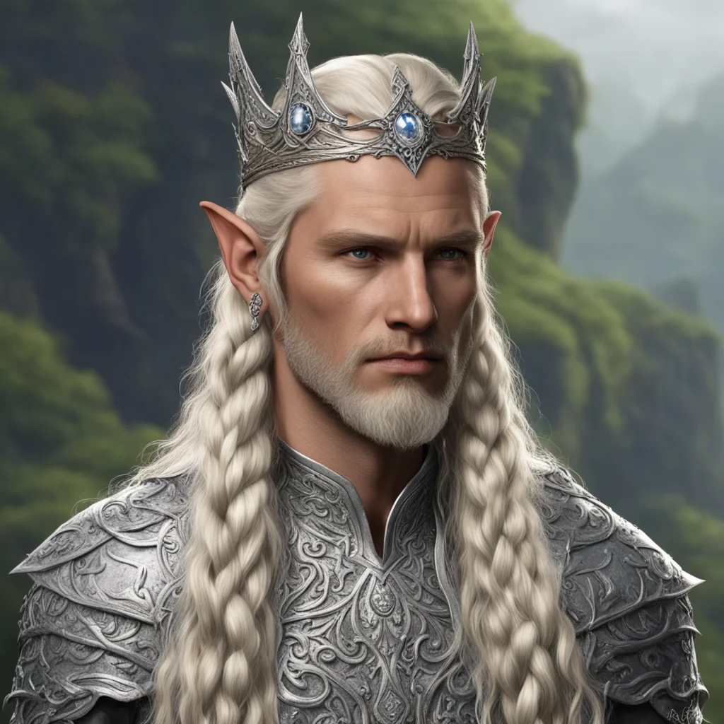 aiking amdir with blond hair and braids wearing silver sindarin elvish circlet with large center diamond 