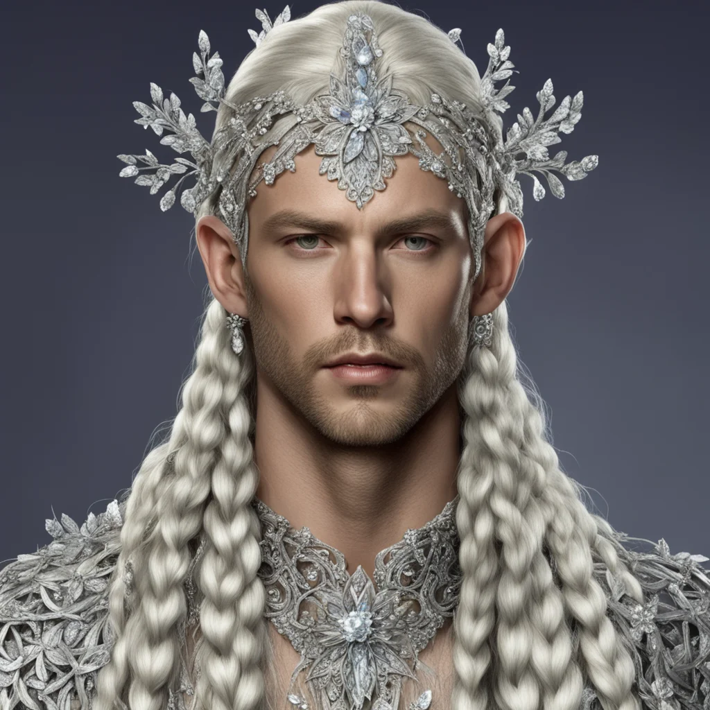 king amdir with blond hair and braids wearing silver vines encrusted with diamonds with silver flowers encrusted with diamonds forming a silver elvish circlet with large center diamond amazing aweso