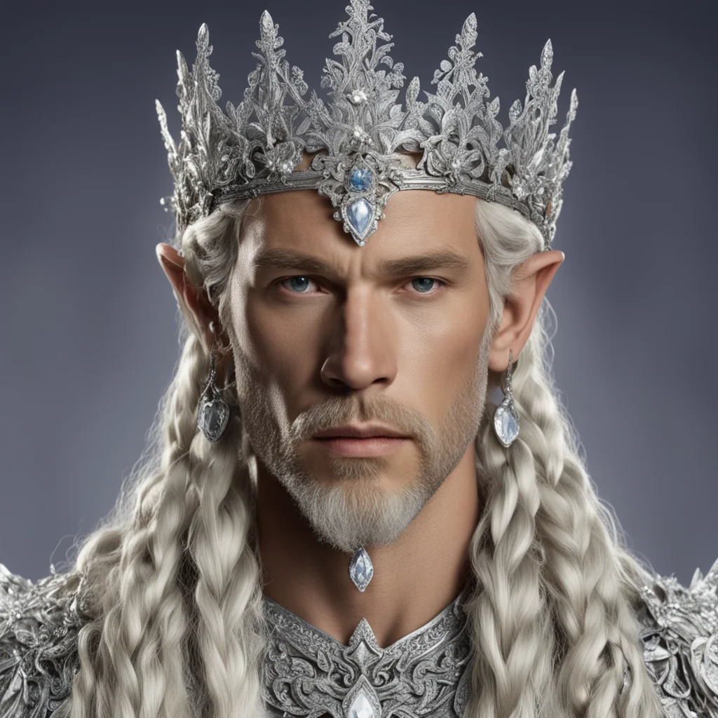 king amdir with blond hair and braids wearing silver vines encrusted with diamonds with silver flowers encrusted with diamonds forming a silver elvish circlet with large center diamond good looking 