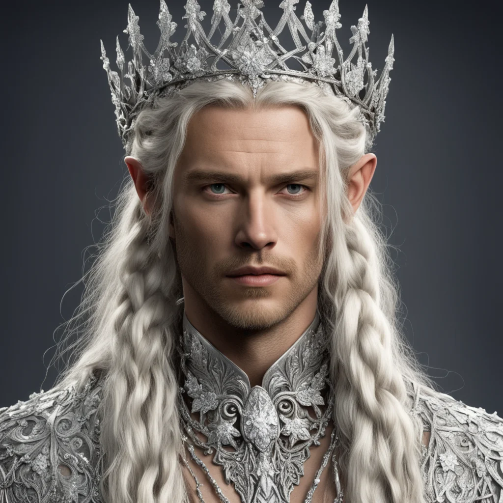 aiking amdir with blond hair and braids wearing silver vines encrusted with diamonds with silver flowers encrusted with diamonds forming a silver elvish circlet with large center diamond