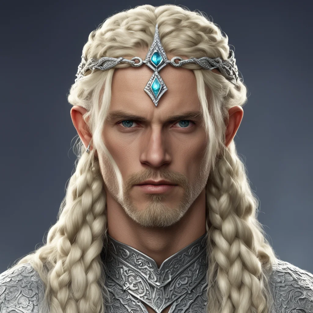 king amdir with blond hair with braids wearing silver serpentine elvish circlet encrusted with diamonds
