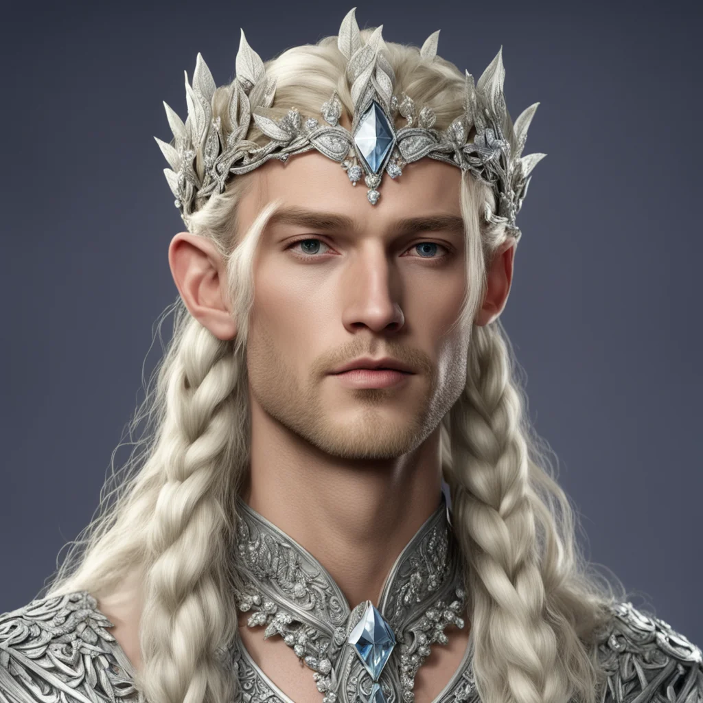 king amroth with blond hair and braids wearing silver laurel leaf hair encrusted with diamonds with large diamond berry clusters to form a silver elvish circlet with large center diamond  amazing aw