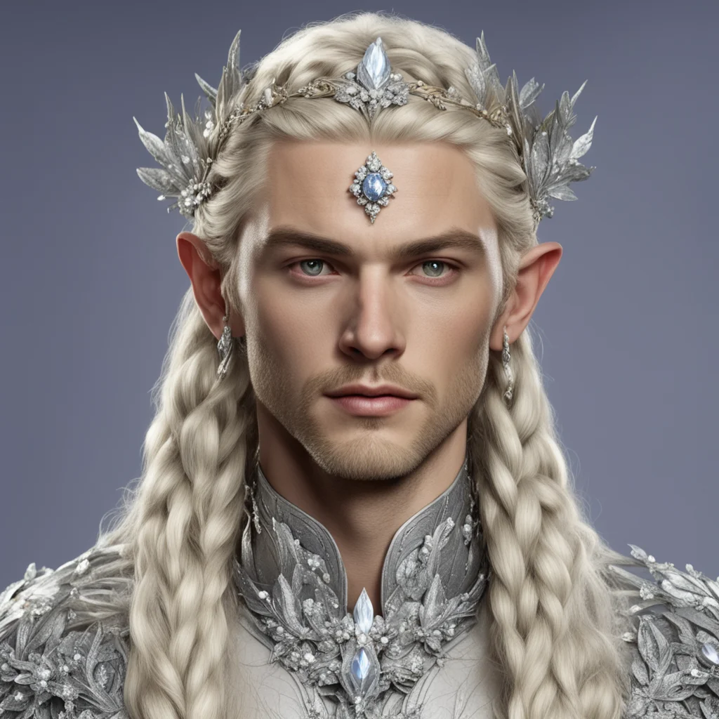 king amroth with blond hair and braids wearing silver laurel leaf hair encrusted with diamonds with large diamond berry clusters to form a silver elvish circlet with large center diamond 