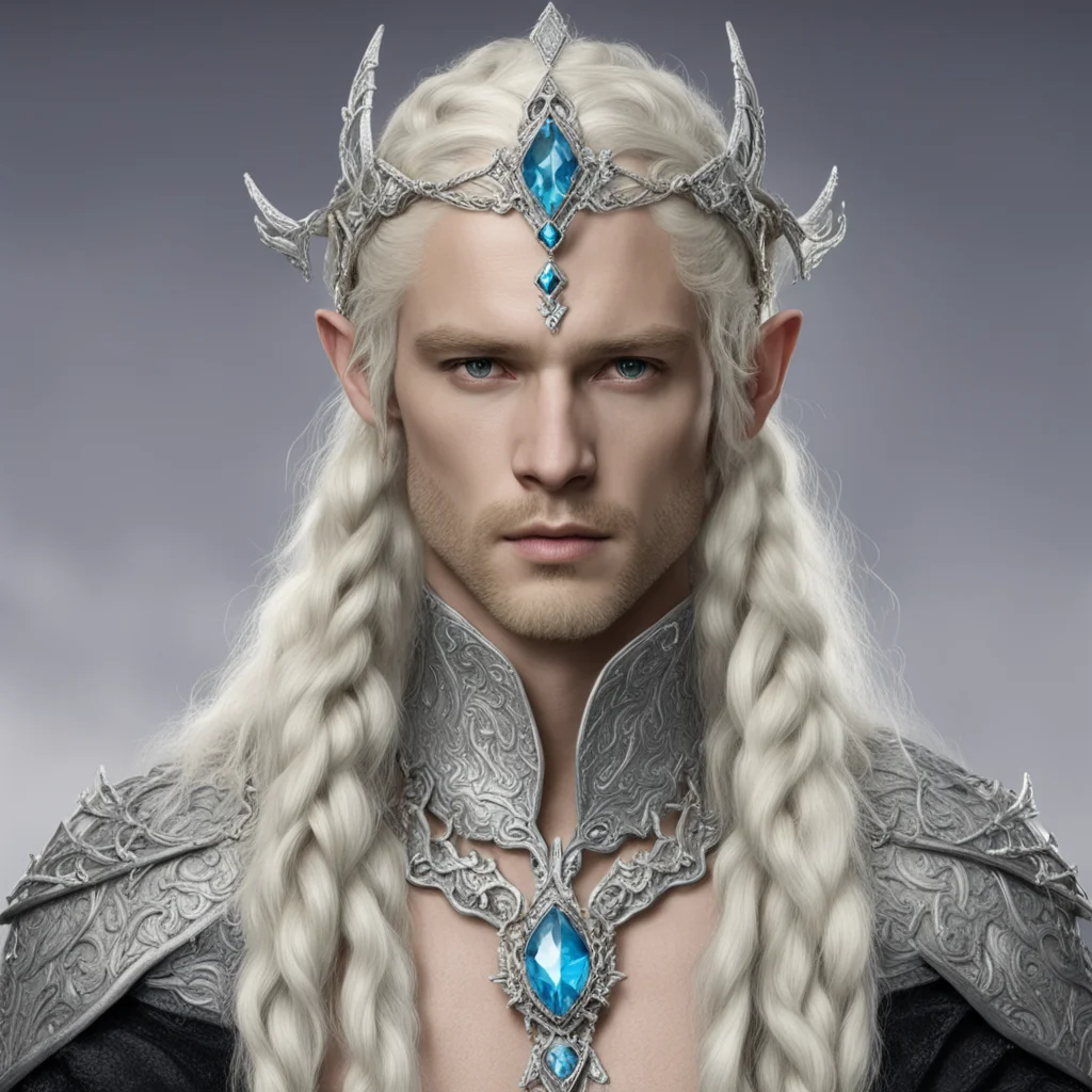 aiking amroth with blond hair and braids wearing silver serpentine wood elvish circlet encrusted with diamond with large center diamond good looking trending fantastic 1