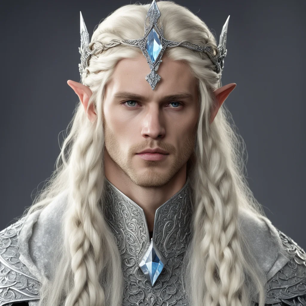aiking amroth with blond hair and braids wearing silver serpentine wood elvish circlet encrusted with diamond with large center diamond