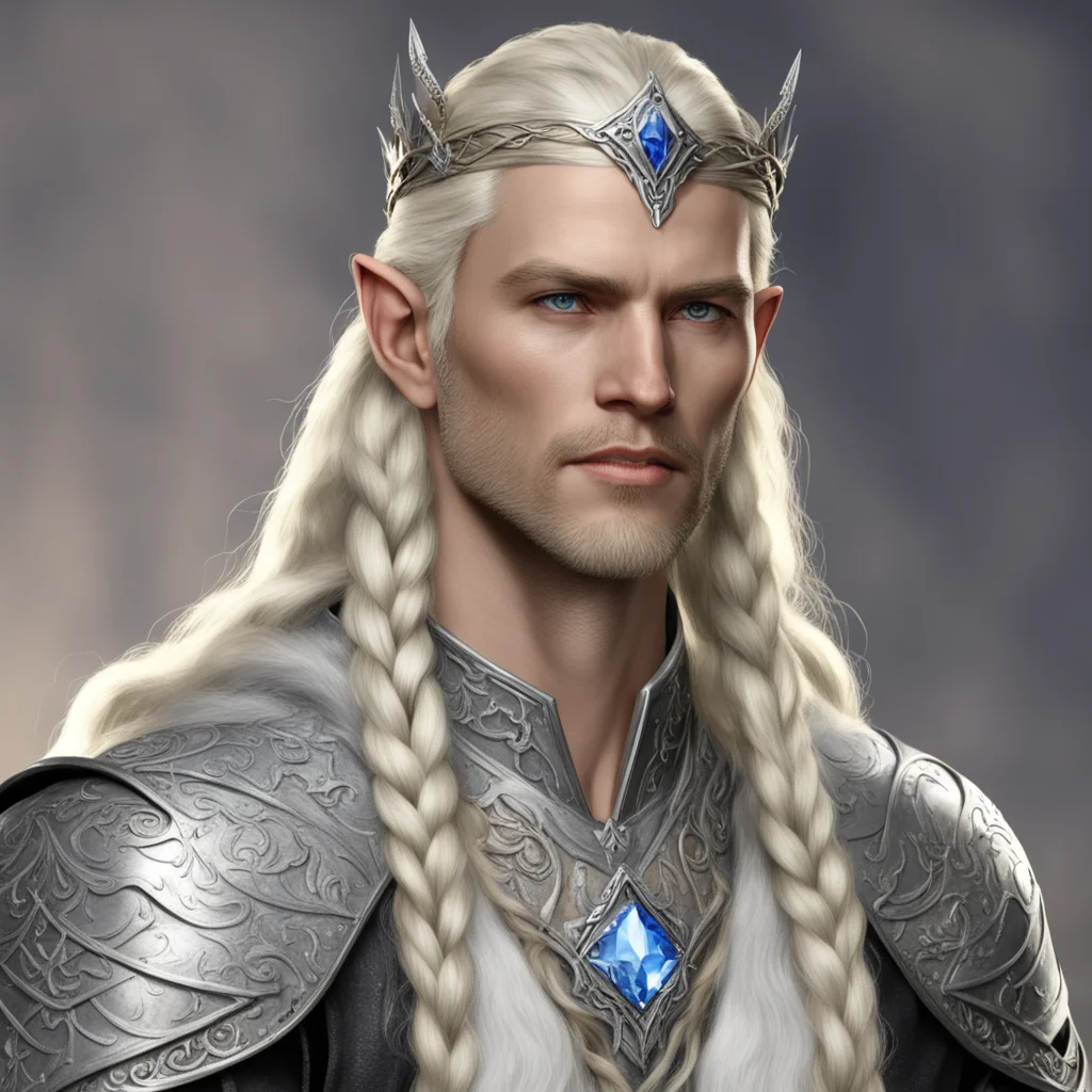 king amroth with blond hair and braids wearing silver sindarin elvish circlet with large diamond