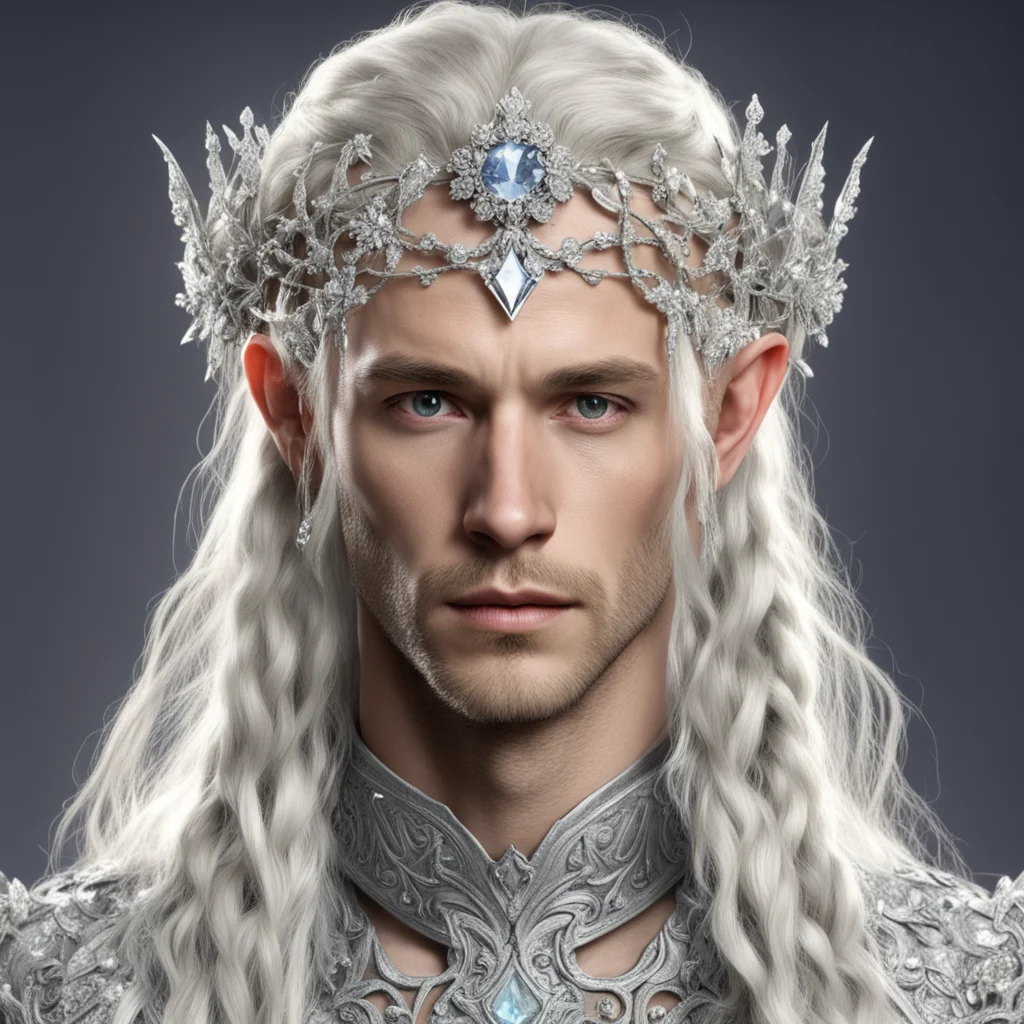 king amroth with blond hair and braids wearing silver vines encrusted with diamonds with silver flowers encrusted with diamonds forming a silver elvish circlet with large center diamond confident en