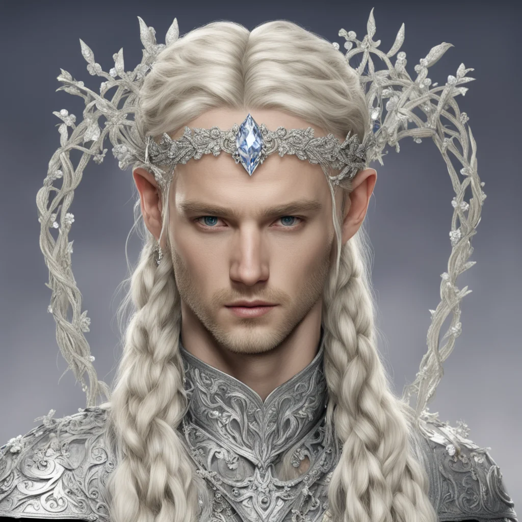 king amroth with blond hair and braids wearing silver vines encrusted with diamonds with silver flowers encrusted with diamonds forming a silver elvish circlet with large center diamond