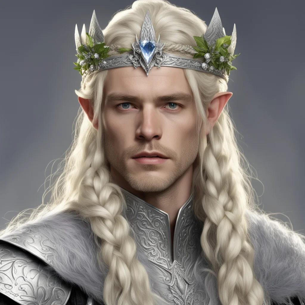 aiking amroth with blond hair with braids wearing silver elvish circlet of silver holly leaf and diamond berry with large center diamond amazing awesome portrait 2