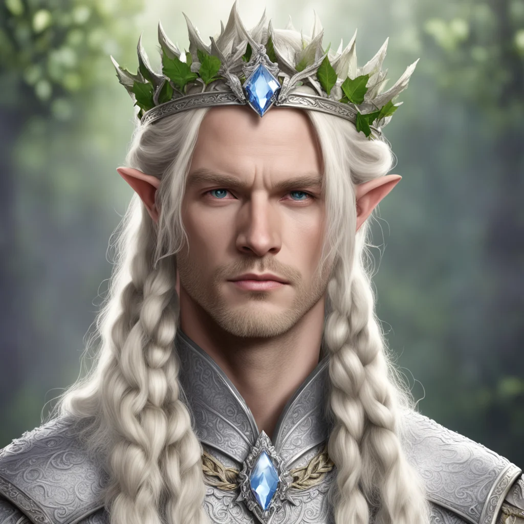 aiking amroth with blond hair with braids wearing silver elvish circlet of silver holly leaf and diamond berry with large center diamond confident engaging wow artstation art 3