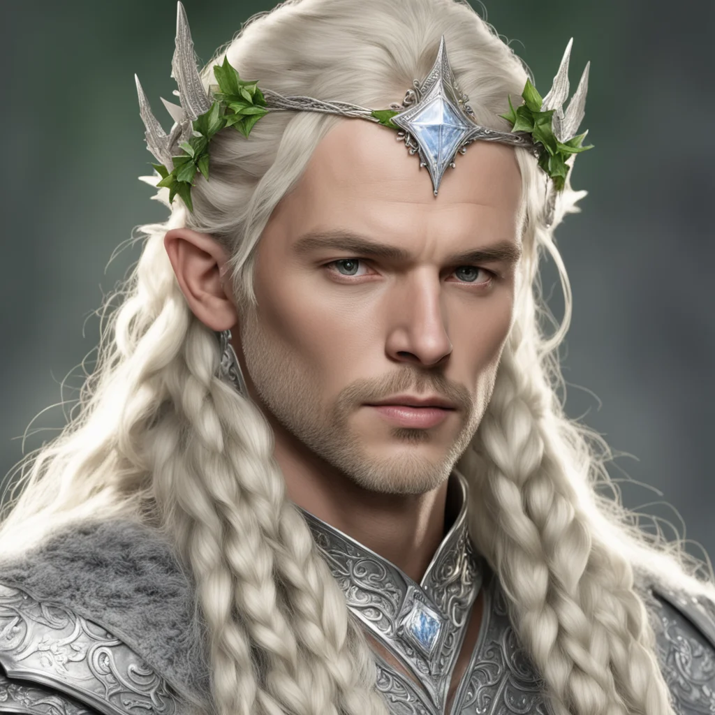 aiking amroth with blond hair with braids wearing silver elvish circlet of silver holly leaf and diamond berry with large center diamond good looking trending fantastic 1