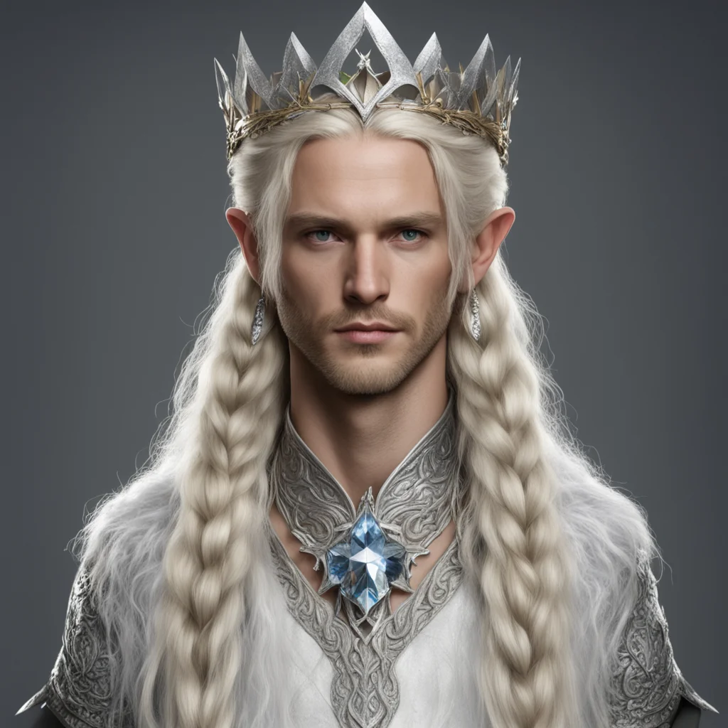king amroth with blond hair with braids wearing silver elvish circlet of silver holly leaf and diamond berry with large center diamond