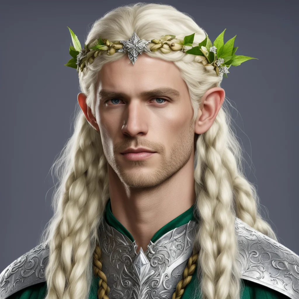 aiking amroth with blond hair with braids wearing silver holly and diamond berry elvish circlet with large center diamond amazing awesome portrait 2