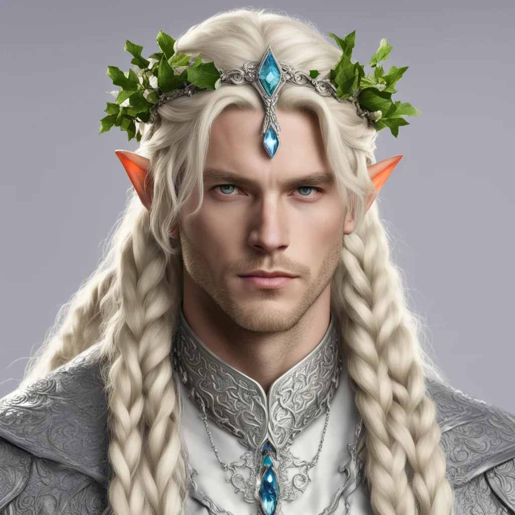 king amroth with blond hair with braids wearing silver holly and diamond berry elvish circlet with large center diamond