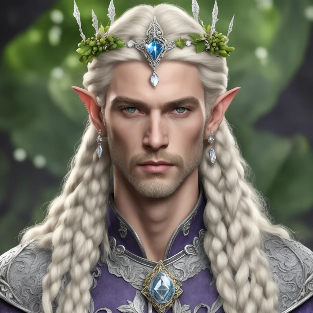 aiking amroth with blond hair with braids wearing silver holly leaf and diamond berry elvish circlet with large center diamond good looking trending fantastic 1