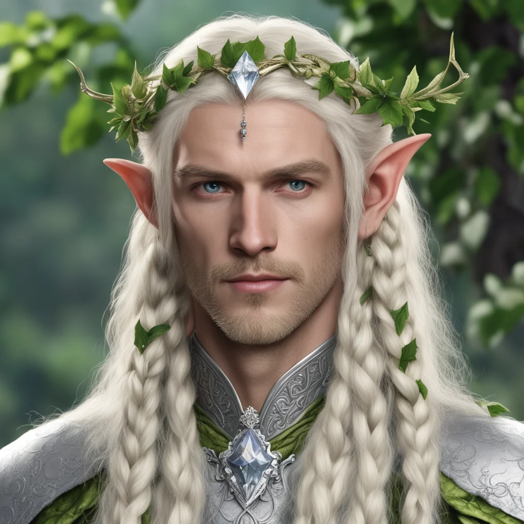 aiking amroth with blond hair with braids wearing silver holly leaf and diamond berry elvish circlet with large center diamond