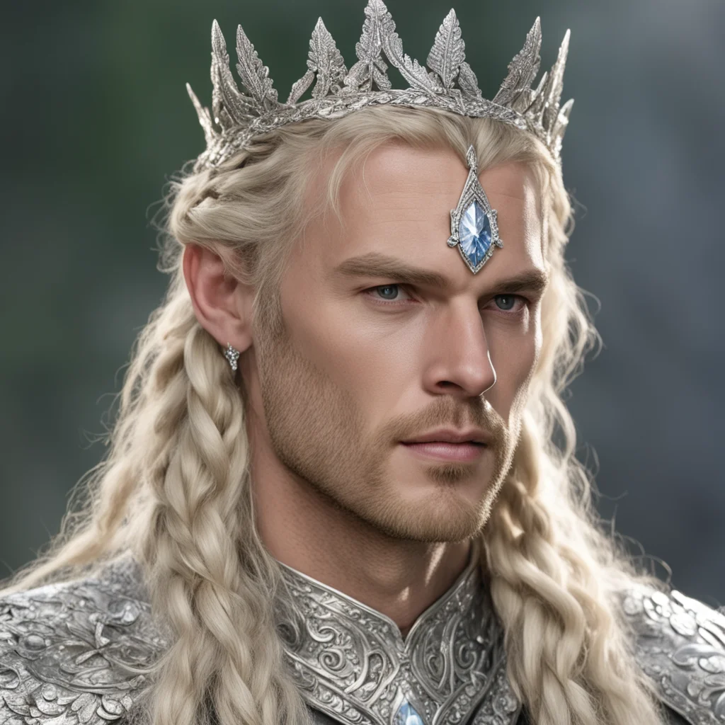 king amroth with blond hair with braids wearing silver laurel leaf elvish circlet encrusted with diamonds with large center diamond amazing awesome portrait 2