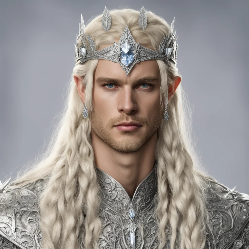 king amroth with blond hair with braids wearing silver laurel leaf elvish circlet encrusted with diamonds with large center diamond confident engaging wow artstation art 3