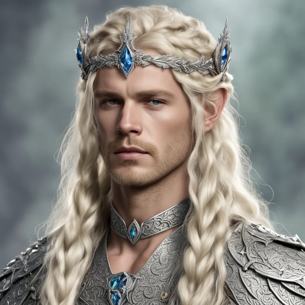 king amroth with blond hair with braids wearing silver laurel leaf elvish circlet encrusted with diamonds with large center diamond good looking trending fantastic 1