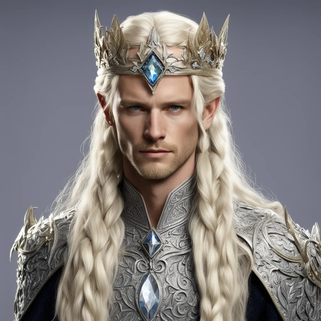 king amroth with blond hair with braids wearing silver laurel leaf elvish circlet encrusted with diamonds with large center diamond