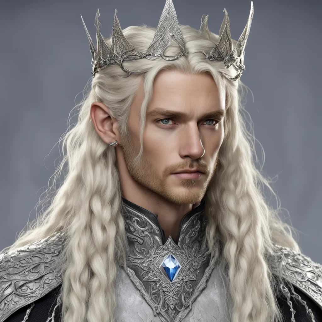 king amroth with blond hair with braids wearing silver serpentine elvish circlet encrusted with diamond with large center diamond 