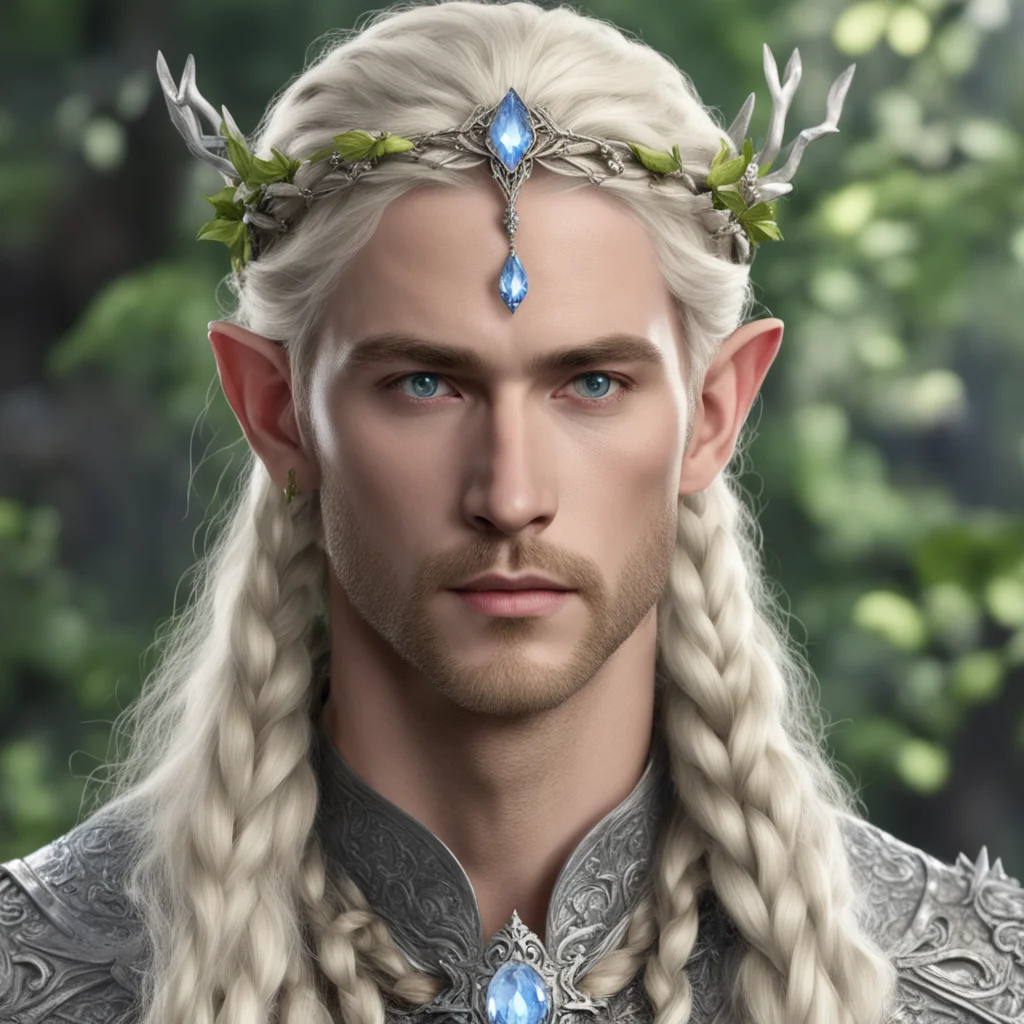 aiking amroth with blond hair with braids wearing silver twig and diamond berry elvish circlet with large center diamond 