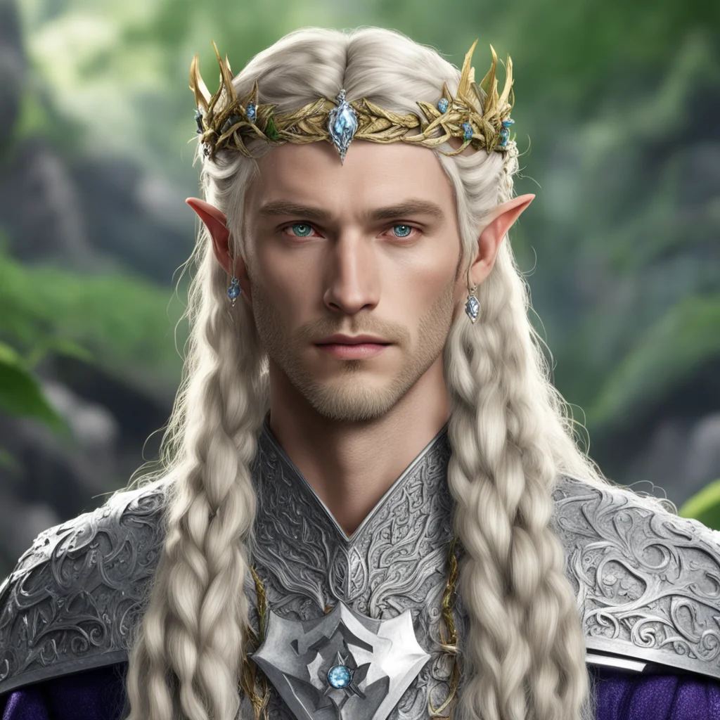 aiking amroth with blond hair with braids wearing silver twig and diamond berry elvish circlet with large center diamond good looking trending fantastic 1