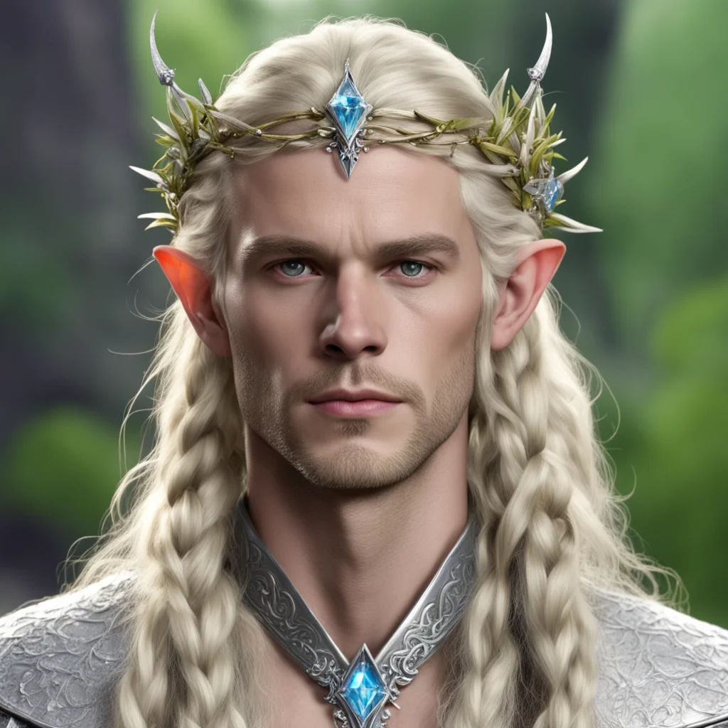aiking amroth with blond hair with braids wearing silver twig and diamond berry elvish circlet with large center diamond