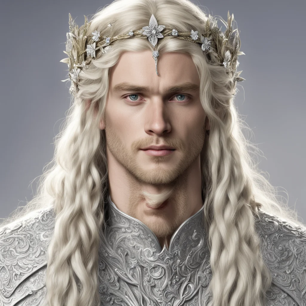 aiking finrod with blond hair and braids wearing silver flowers encrusted with diamonds forming a small silver elvish circlet with large center diamond amazing awesome portrait 2