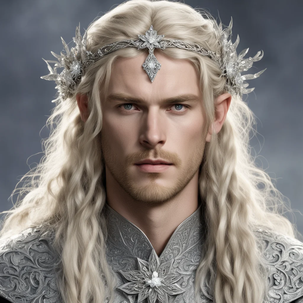 aiking finrod with blond hair and braids wearing silver flowers encrusted with diamonds forming a small silver elvish circlet with large center diamond confident engaging wow artstation art 3