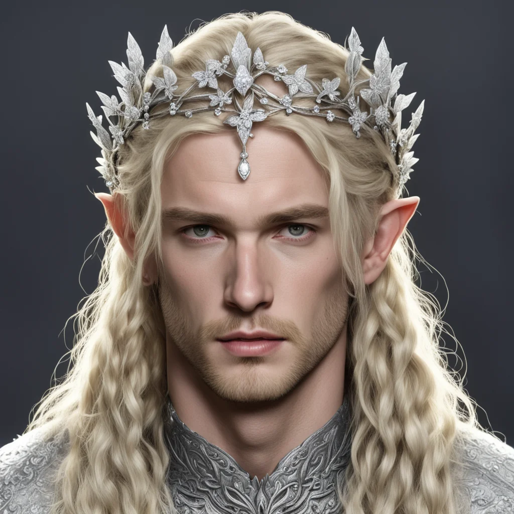 king finrod with blond hair and braids wearing silver flowers encrusted with diamonds forming a small silver elvish circlet with large center diamond good looking trending fantastic 1
