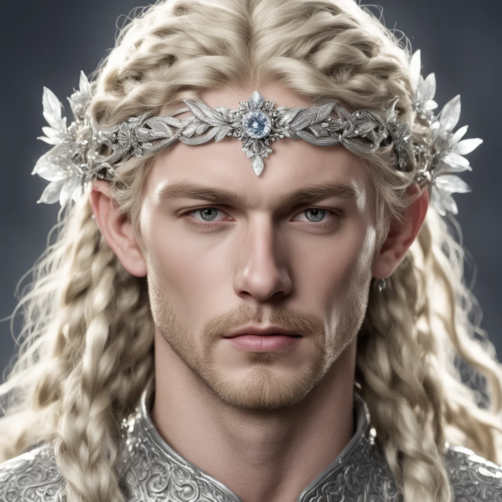 king finrod with blond hair and braids wearing silver flowers encrusted with diamonds forming a small silver elvish circlet with large center diamond