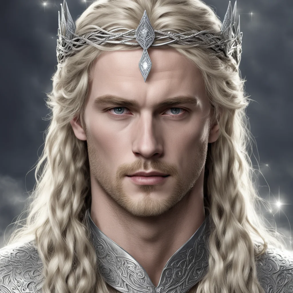 king finrod with braids wearing silver elvish circlet with diamonds