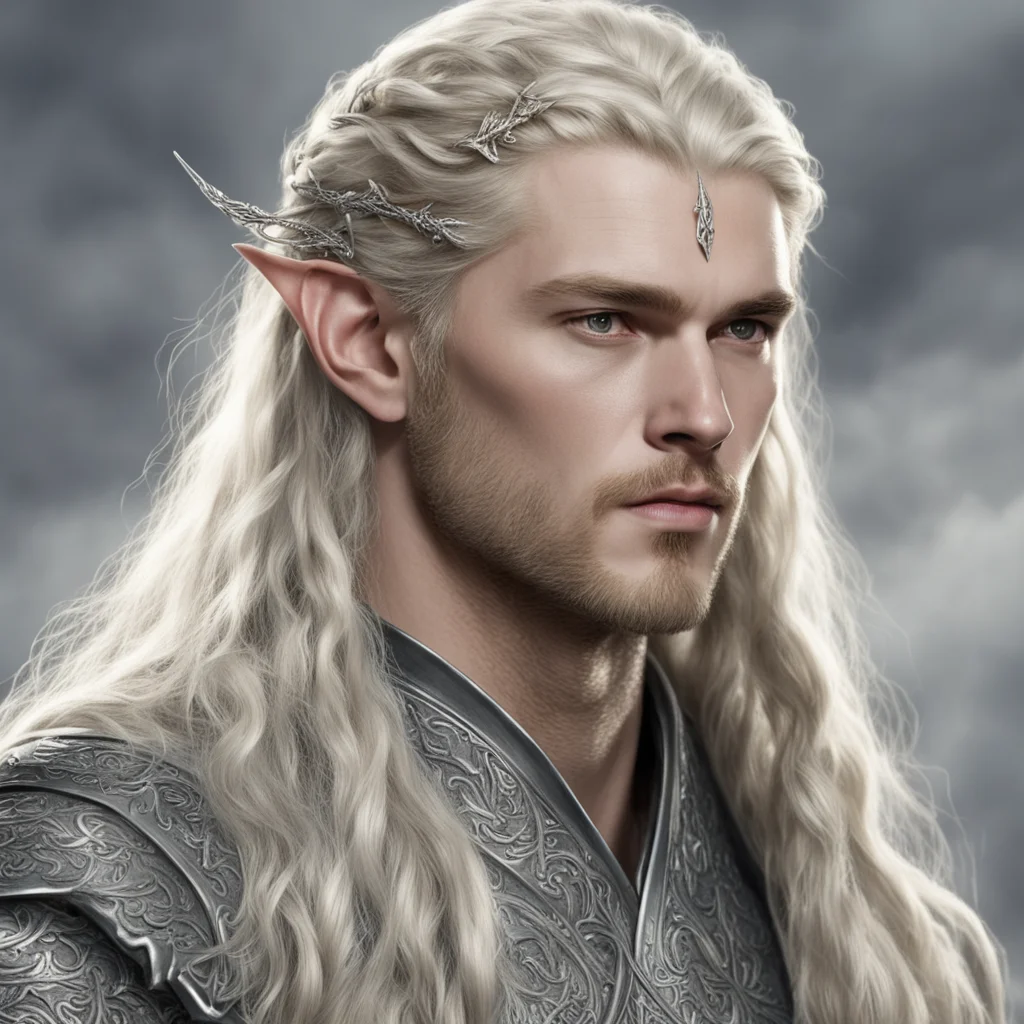 king finrod with braids wearing silver noldor elven hair forks with diamonds