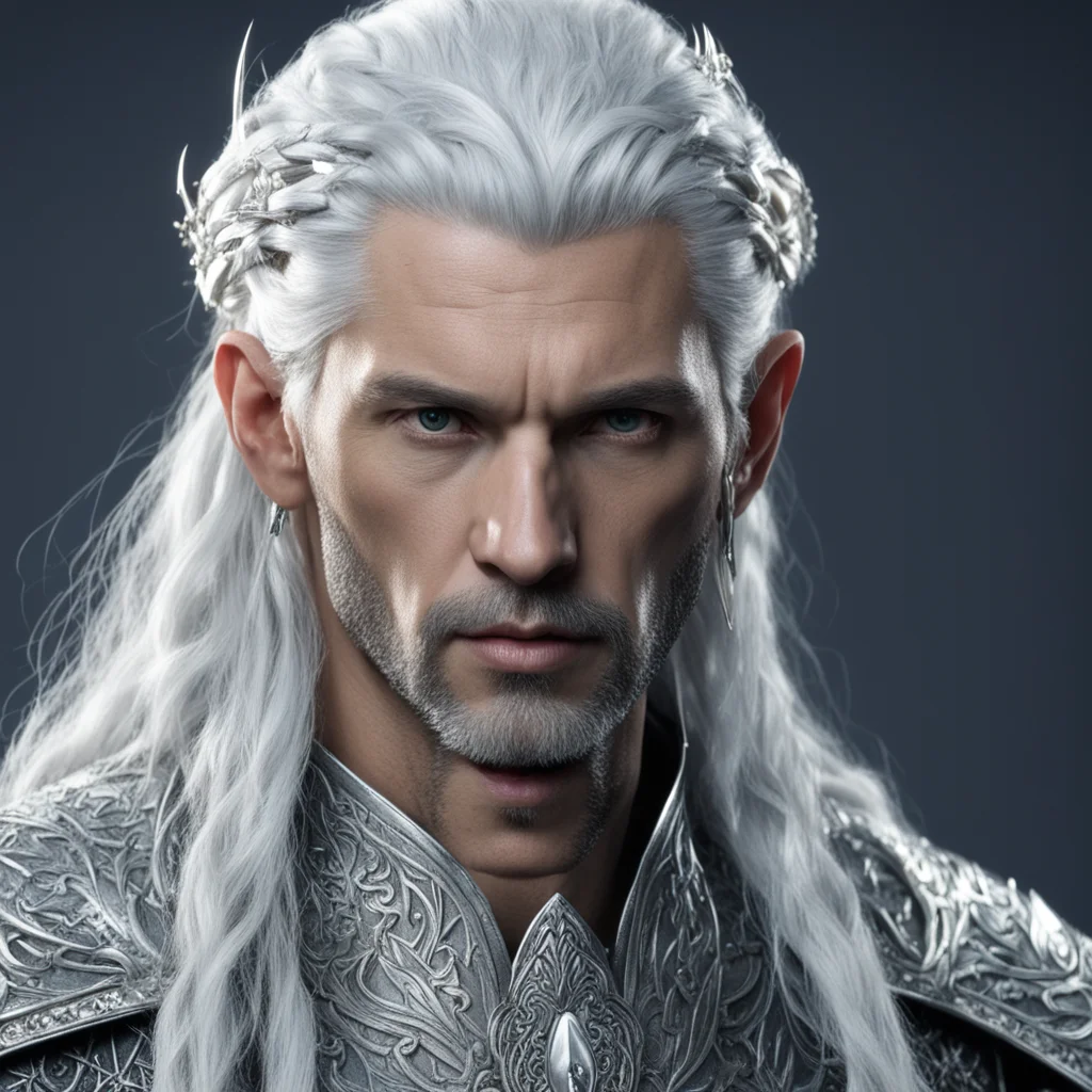 king gil galad with silver hair with braids with silver elvish hair forks with diamonds