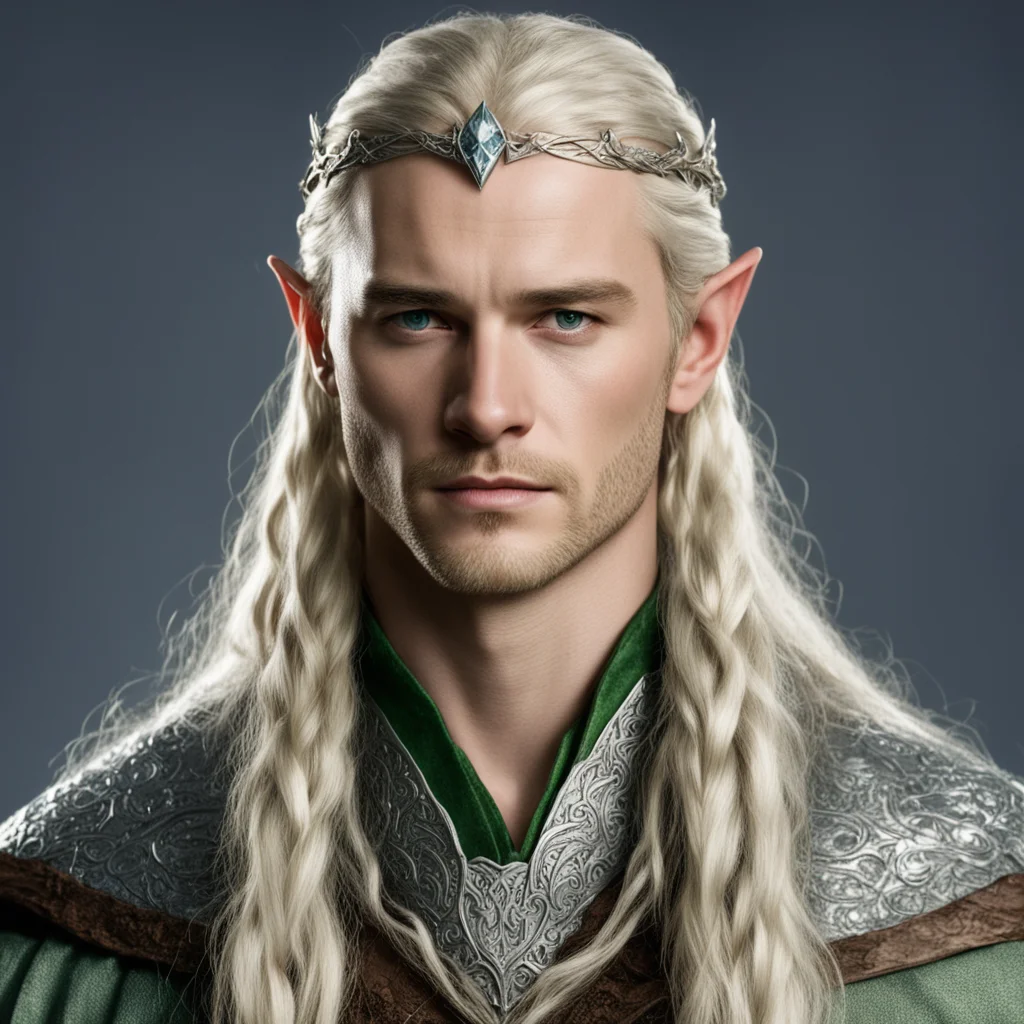 aiking legolas with blond hair and braids wearing silver serpentine elvish circlet encrusted with diamonds with large center diamond amazing awesome portrait 2