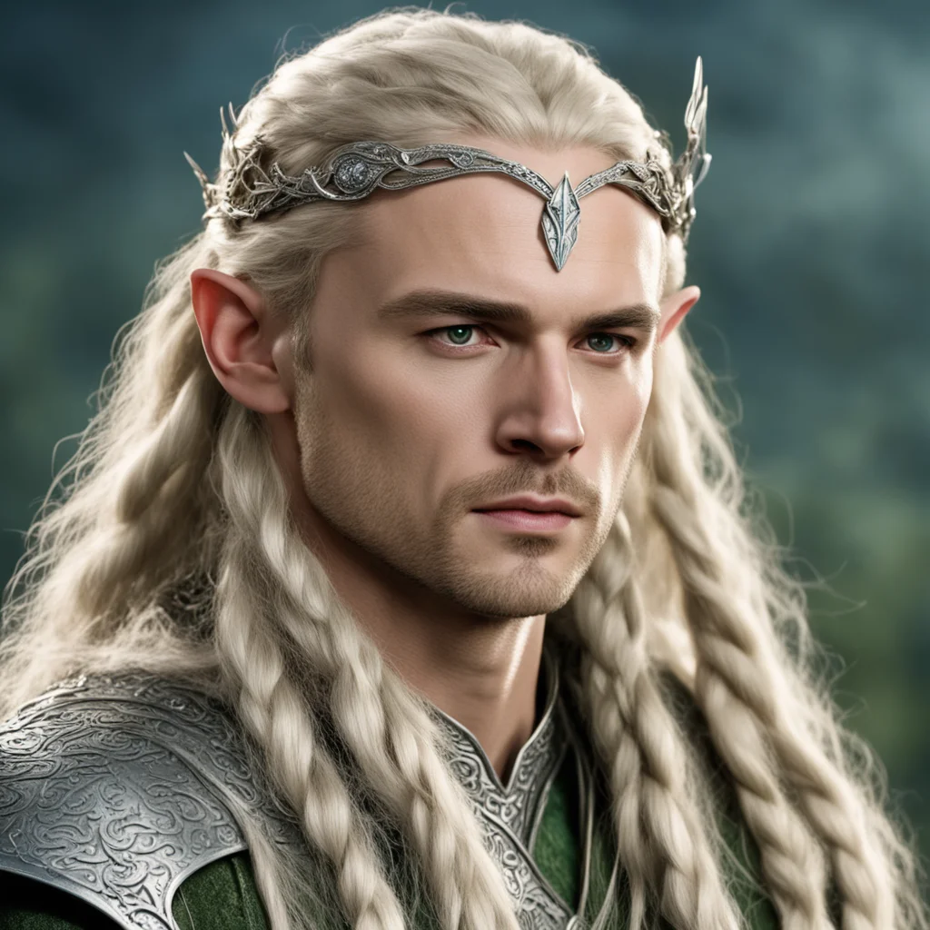aiking legolas with blond hair and braids wearing silver serpentine elvish circlet encrusted with diamonds with large center diamond good looking trending fantastic 1