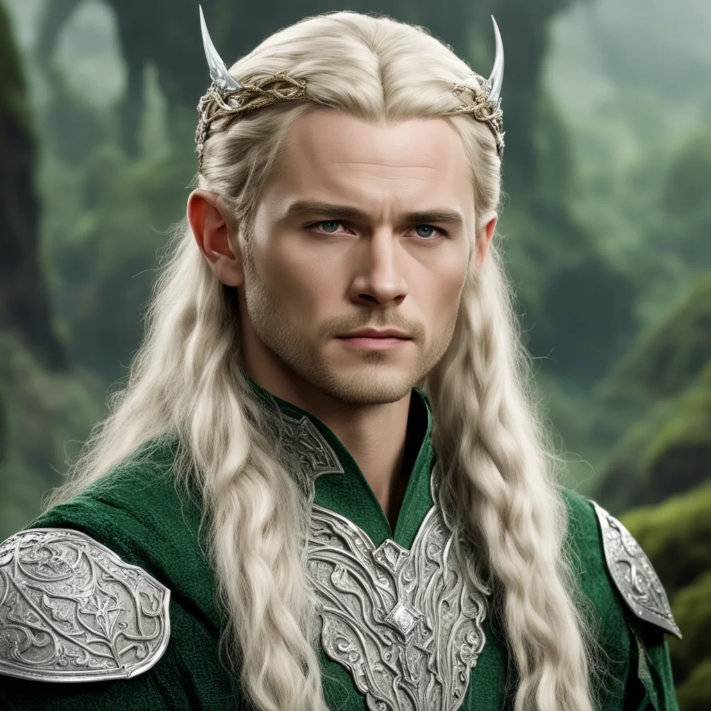 king legolas with blond hair and braids wearing silver serpentine elvish circlet encrusted with diamonds with large center diamond
