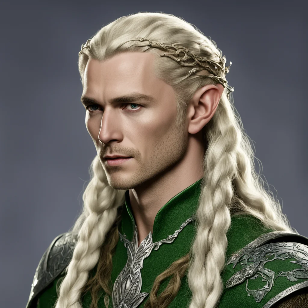 aiking legolas with blond hair and braids wearing silver serpentine elvish circlet with large center diamond wearing royal sindarin clothing amazing awesome portrait 2