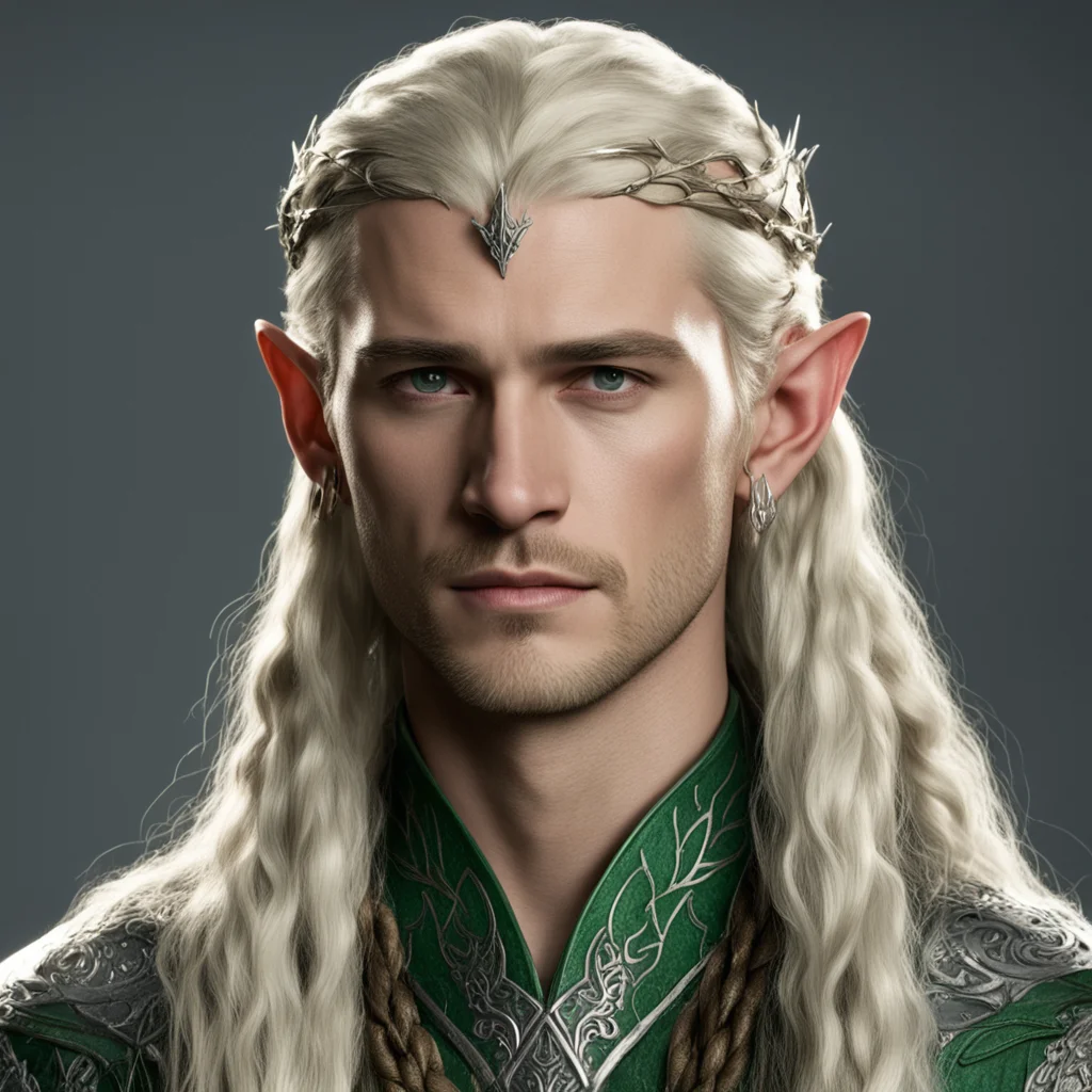 aiking legolas with blond hair and braids wearing silver serpentine elvish circlet with large center diamond wearing royal sindarin clothing good looking trending fantastic 1